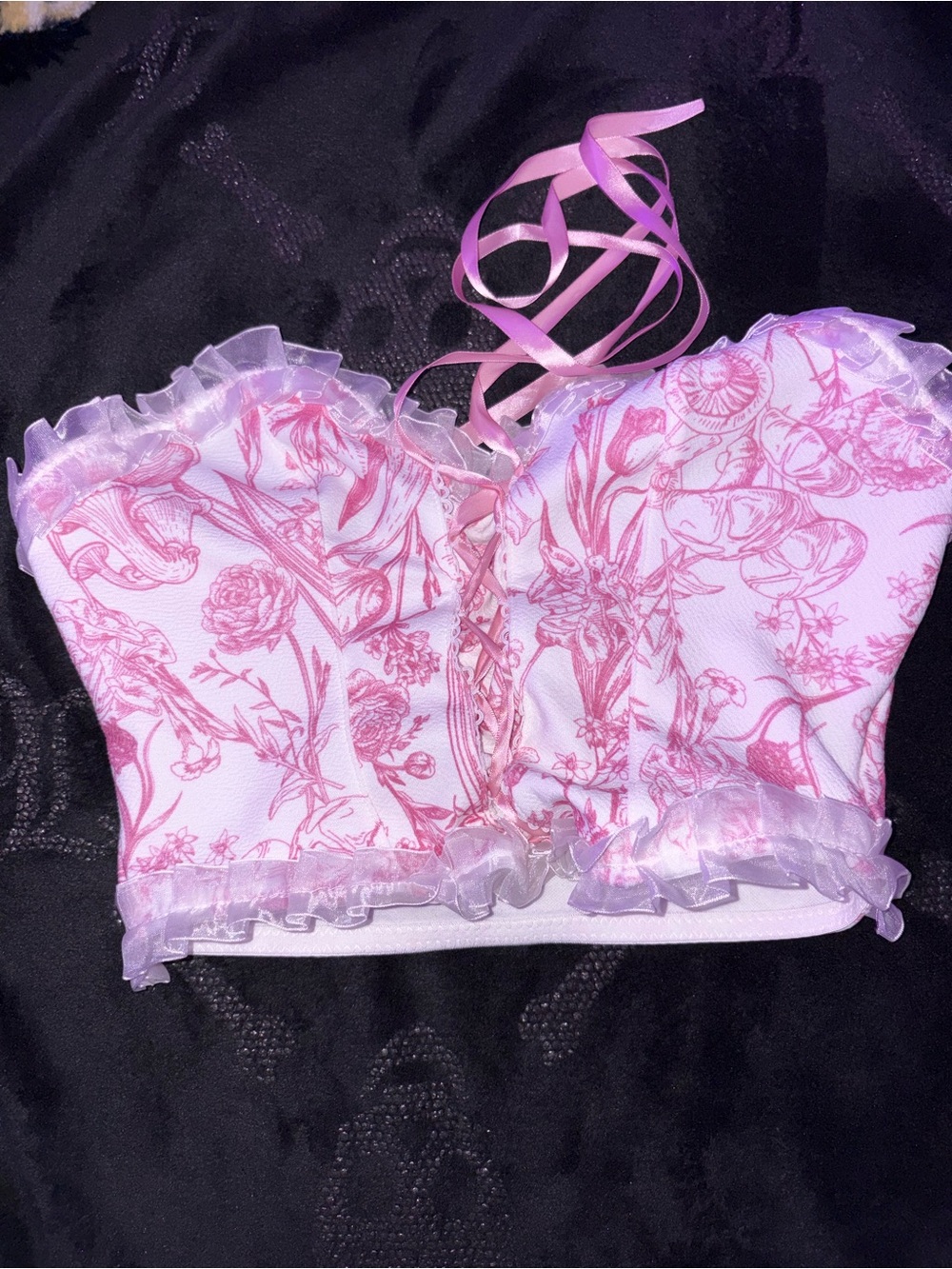 SHEIN Pink Floral Lace-Up Ruffled Bustier Crop Top